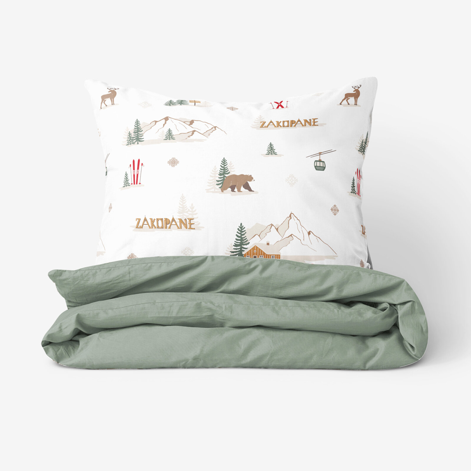 Weihnachts-Bettwäsche aus Baumwolle Duo - Zakopane mit Salbeigrün