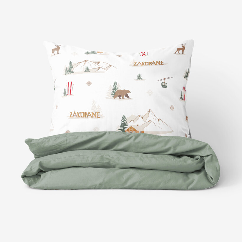 Weihnachts-Bettwäsche aus Baumwolle Duo - Zakopane mit Salbeigrün