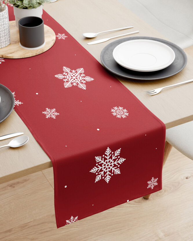 Weihnachtlicher Tischläufer aus 100% Baumwolle - Schneeflocken auf Rot