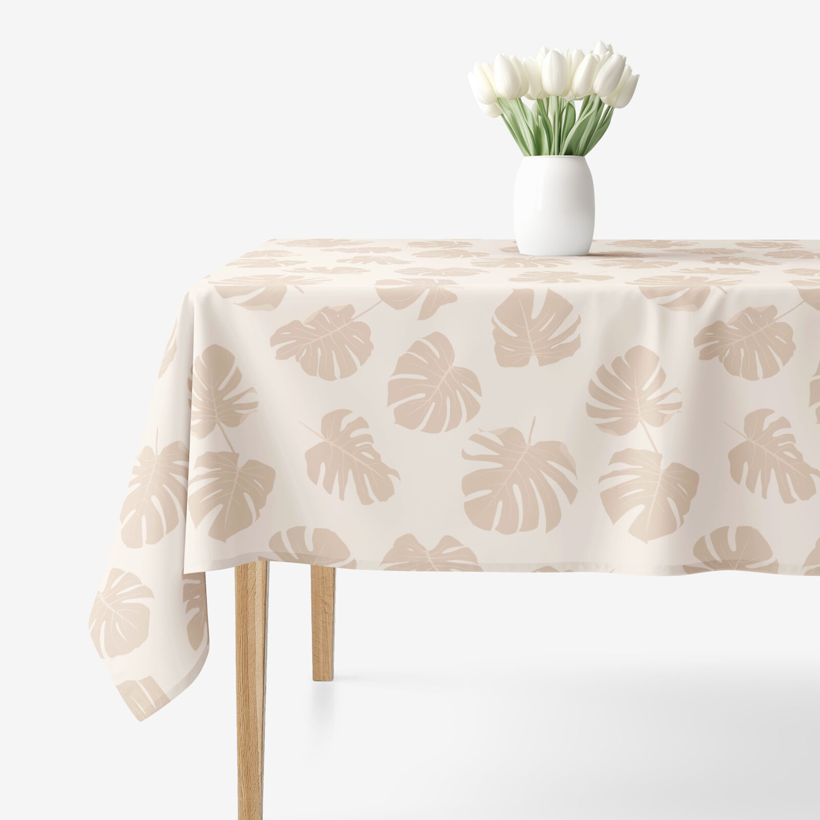 Eckige Tischdecke 100% Baumwolle - Tropische Blätter auf Beige