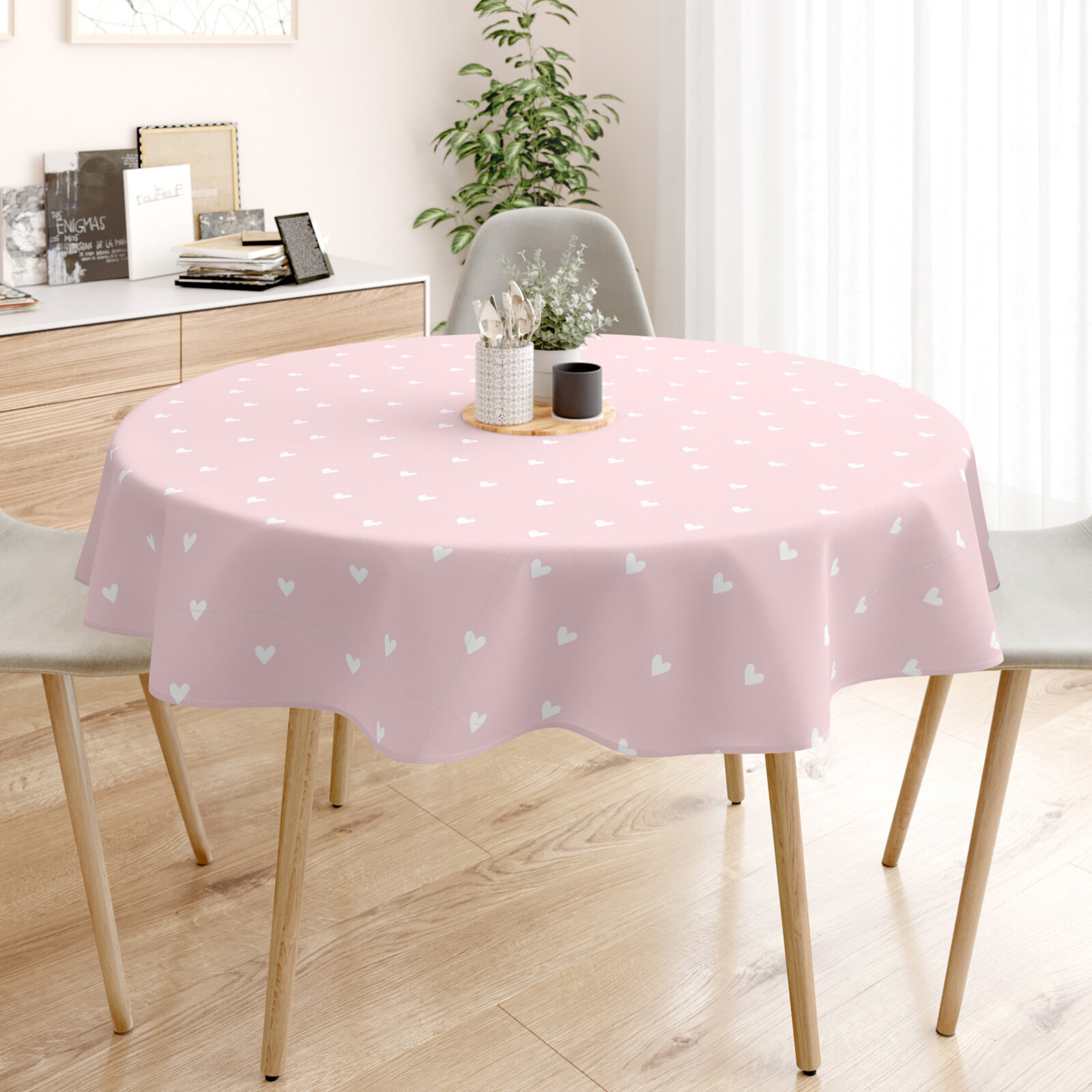 Runde Tischdecke 100% Baumwolle - Herzchen auf Puderrosa