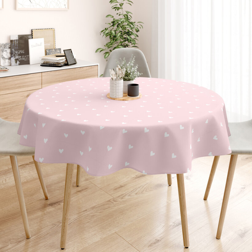 Runde Tischdecke 100% Baumwolle - Herzchen auf Puderrosa