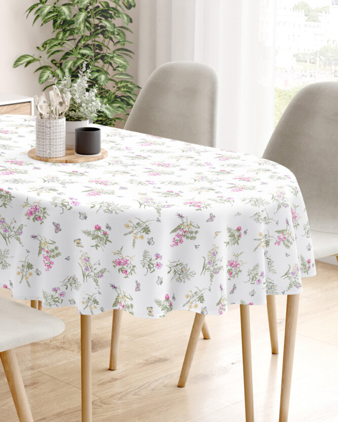 Ovale Tischdecke aus 100% Baumwolle - Bunte Wiesenblumen auf Weiß