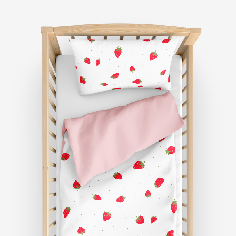 Bettwäsche für Babybetten aus Baumwolle Duo - frische Erdbeeren mit Puderrosa