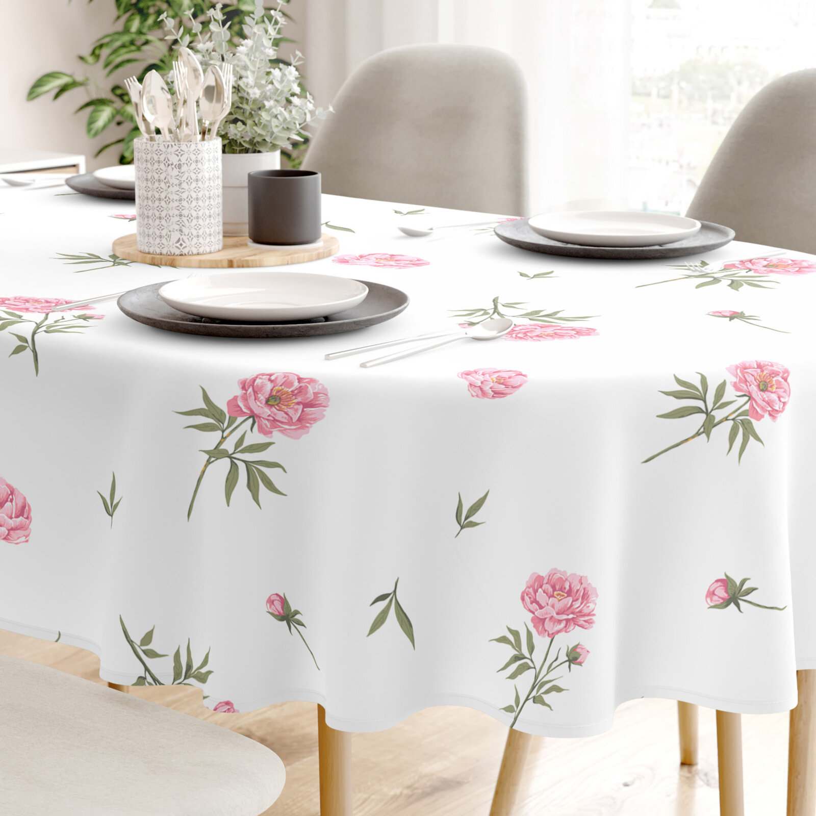 Ovale Tischdecke aus 100% Baumwolle - Pfingstrosen