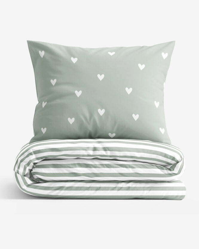 Bettwäsche aus Baumwolle - Herzchen auf Salbeigrün mit Streifen