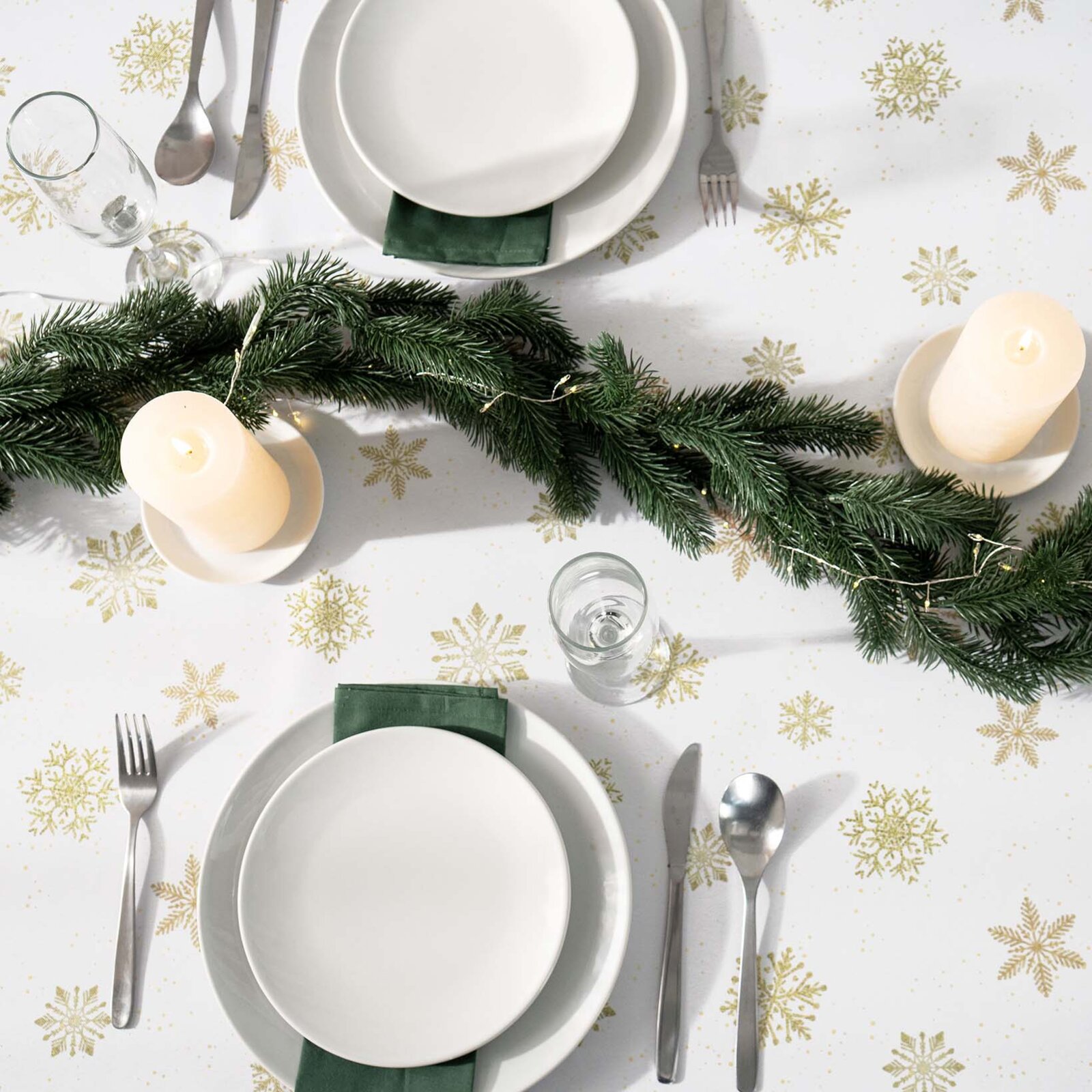 Eckige weihnachtliche Teflon-Tischdecke - Goldene Schneeflocken