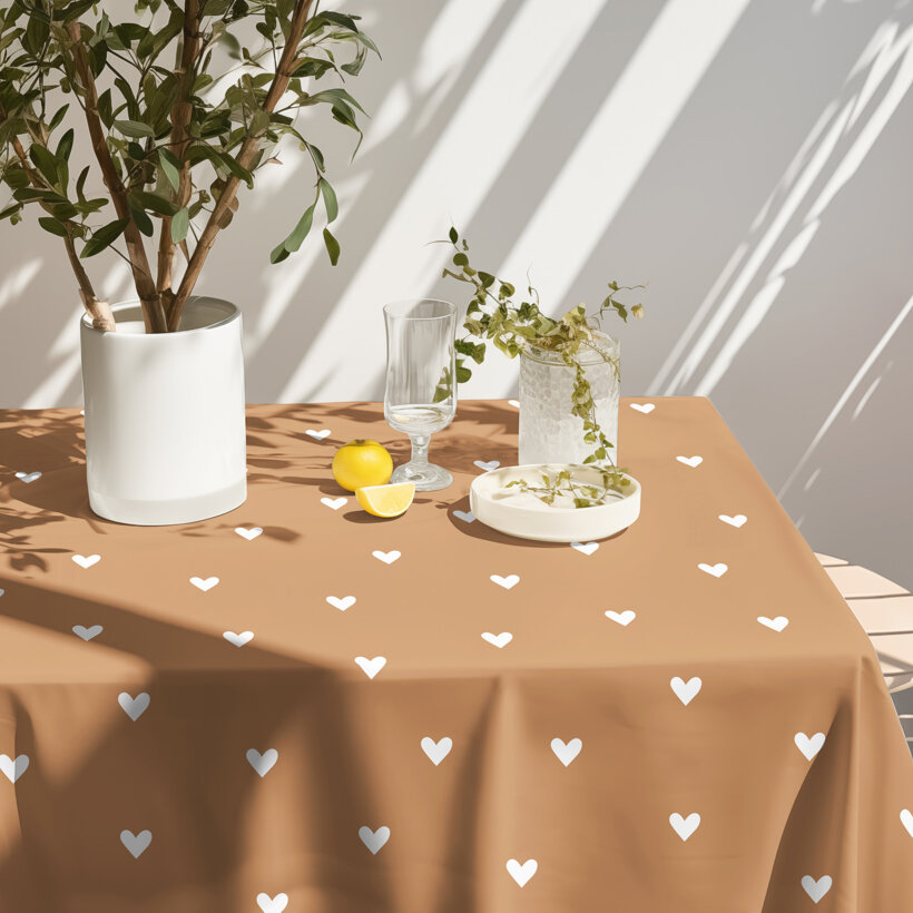 Eckige Tischdecke 100% Baumwolle - Herzchen auf Herbstbraun