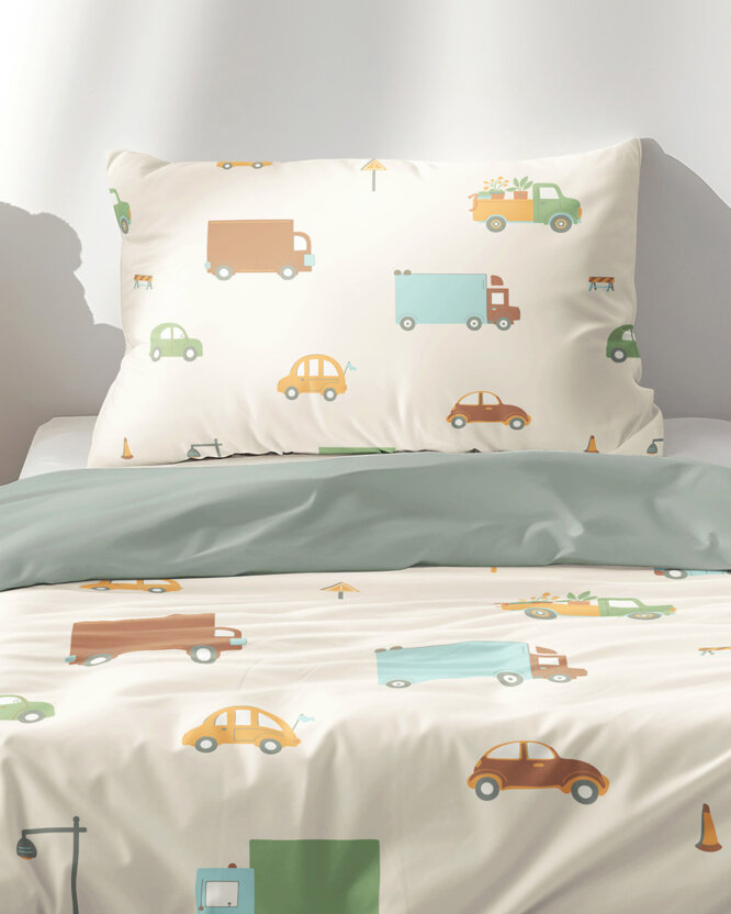 Kinder-Bettwäsche aus Baumwolle Duo - Welt der Autos mit Salbeigrün