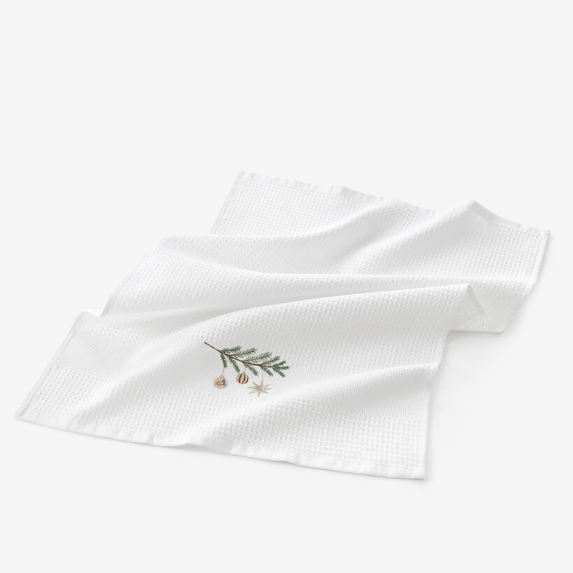 Waffel-Geschirrtuch mit Weihnachtsstickerei - Kugeln am Zweig auf Weiß