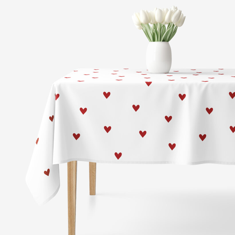 Eckige Tischdecke 100% Baumwolle - Rote Herzchen auf Weiß