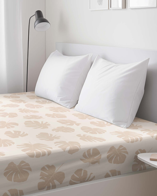 Spannbettlaken aus Baumwolle - Tropische Blätter auf Beige