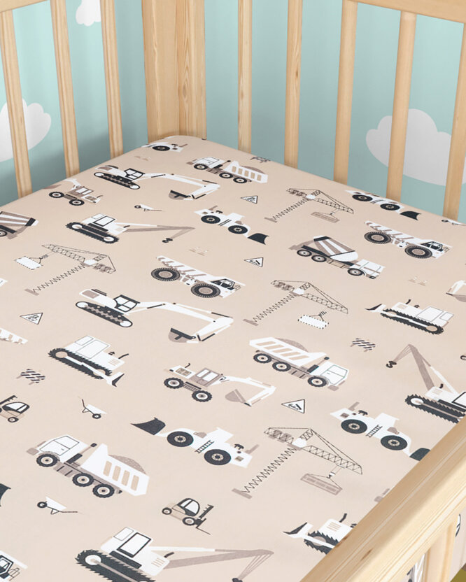 Spannbetttuch aus Baumwolle für Babybetten - Lastwagen und Bagger auf Beige