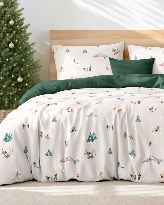 Weihnachtlich Bettwäsche aus Baumwolle Duo - Winterfreuden mit Dunkelgrün