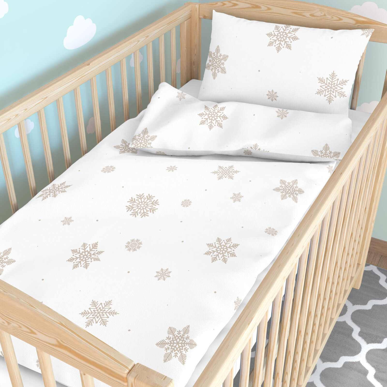 Weihnachtliche Bettwäsche für Babybetten aus Baumwolle - Schneeflocken auf Weiß