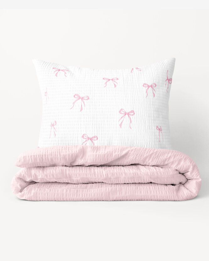 Kinder - Seersucker Bettwäsche Duo - rosa Schleifen mit Puderrosa