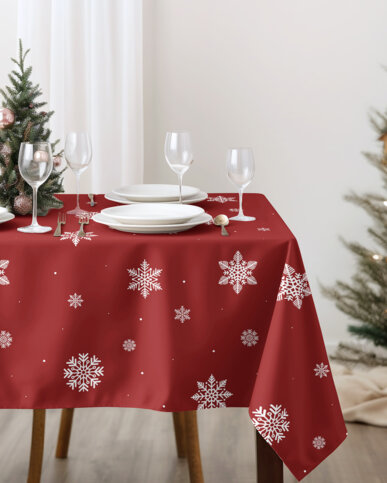 Eckige weihnachtliche Tischdecke 100% Baumwolle - Schneeflocken auf Rot