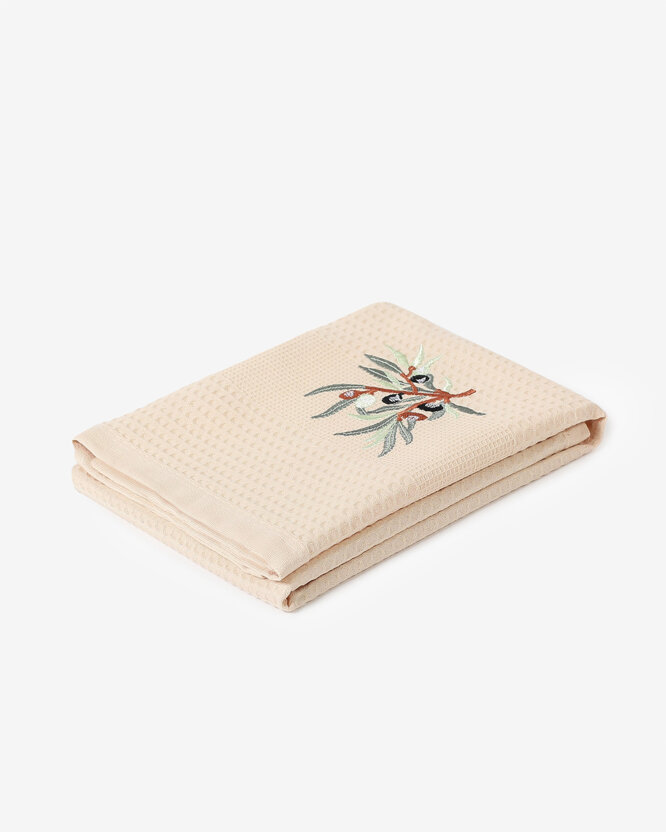 Waffel-Geschirrtuch mit Stickerei - Oliven auf Beige