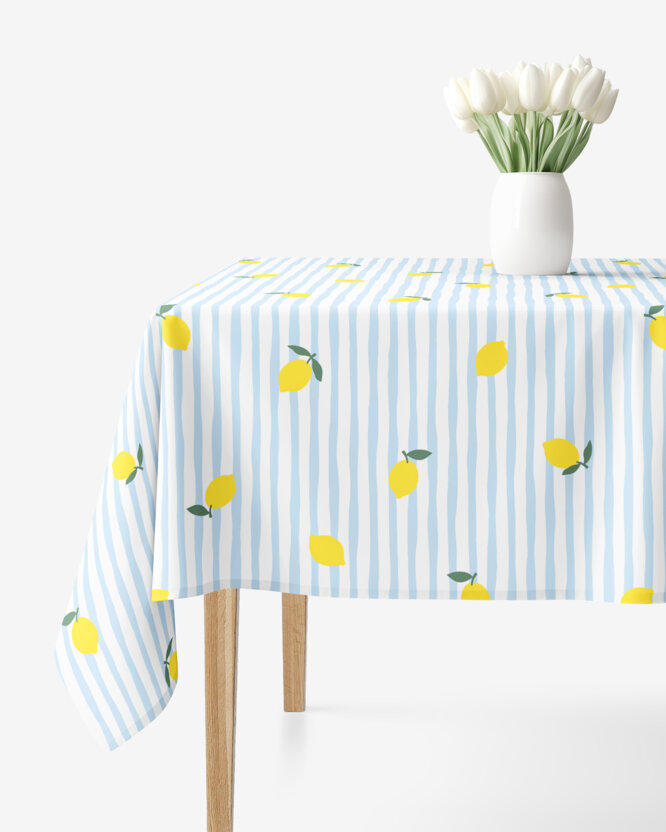 Eckige Tischdecke 100% Baumwolle - Frische Zitronen mit Streifen