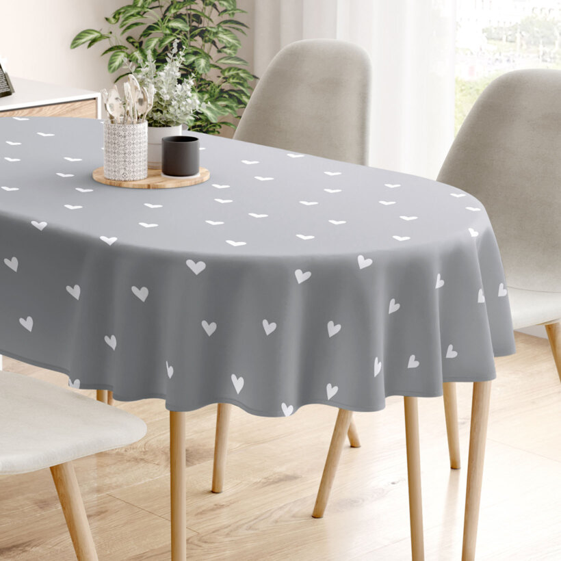 Ovale Tischdecke aus 100% Baumwolle - Herzchen auf Grau