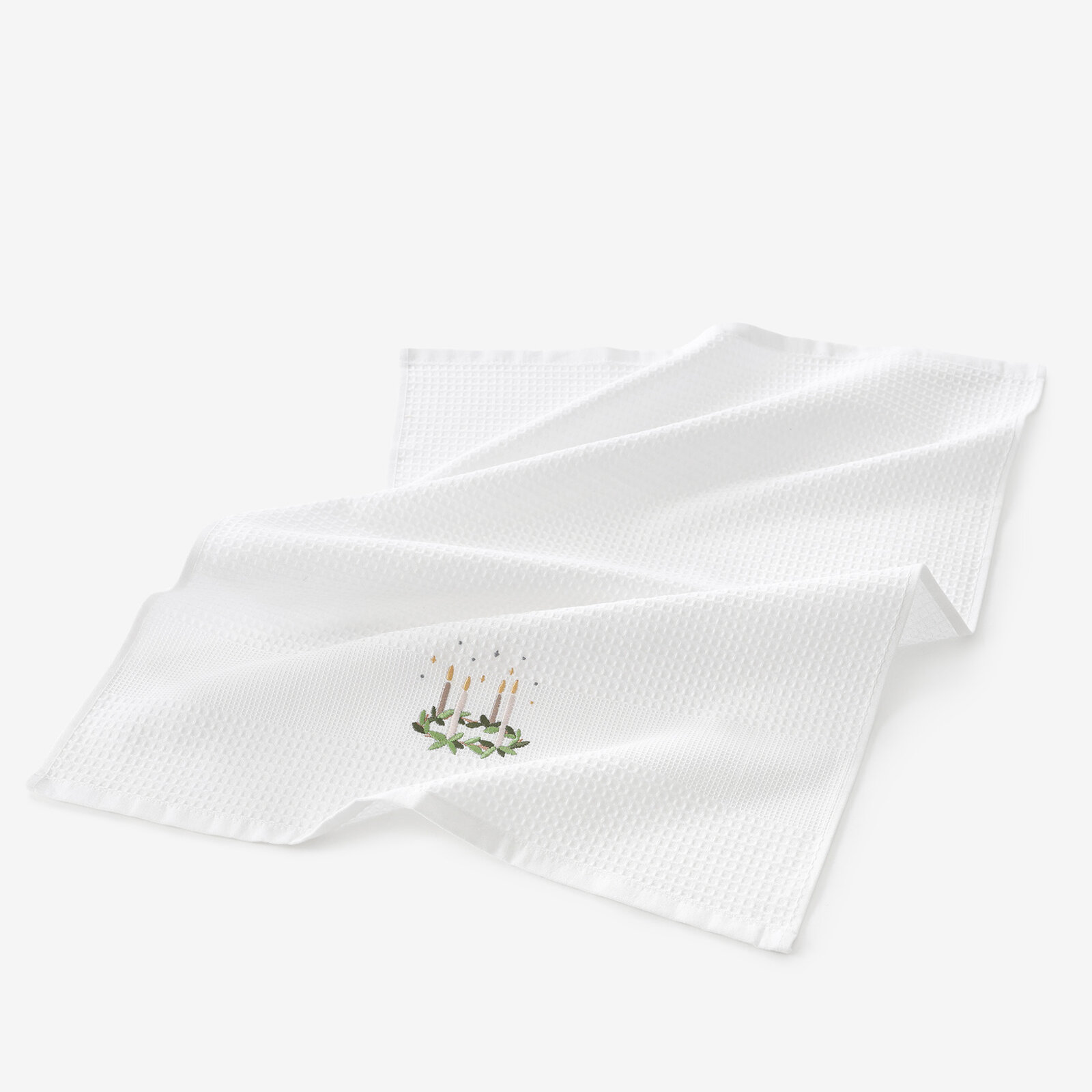 Waffel-Geschirrtuch mit Weihnachtsstickerei - Adventskranz auf Weiß