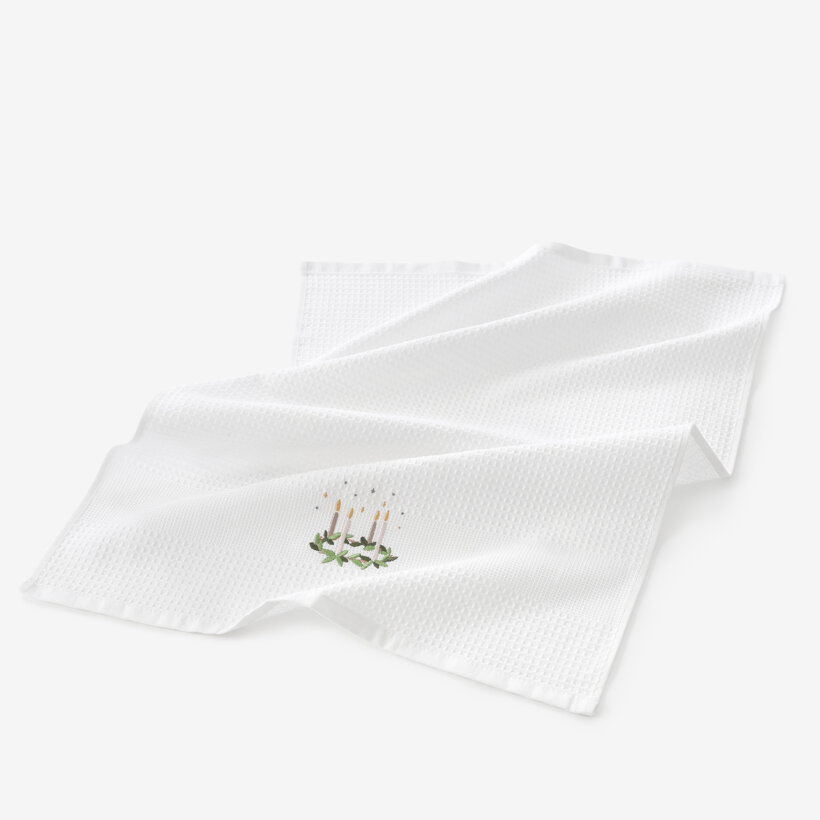 Waffel-Geschirrtuch mit Weihnachtsstickerei - Adventskranz auf Weiß