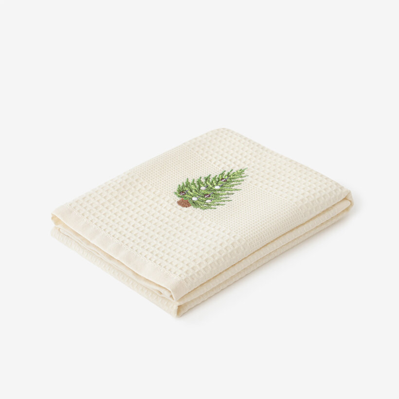 Waffel-Geschirrtuch mit Weihnachtsstickerei - Baum auf cremefarbenem Grund