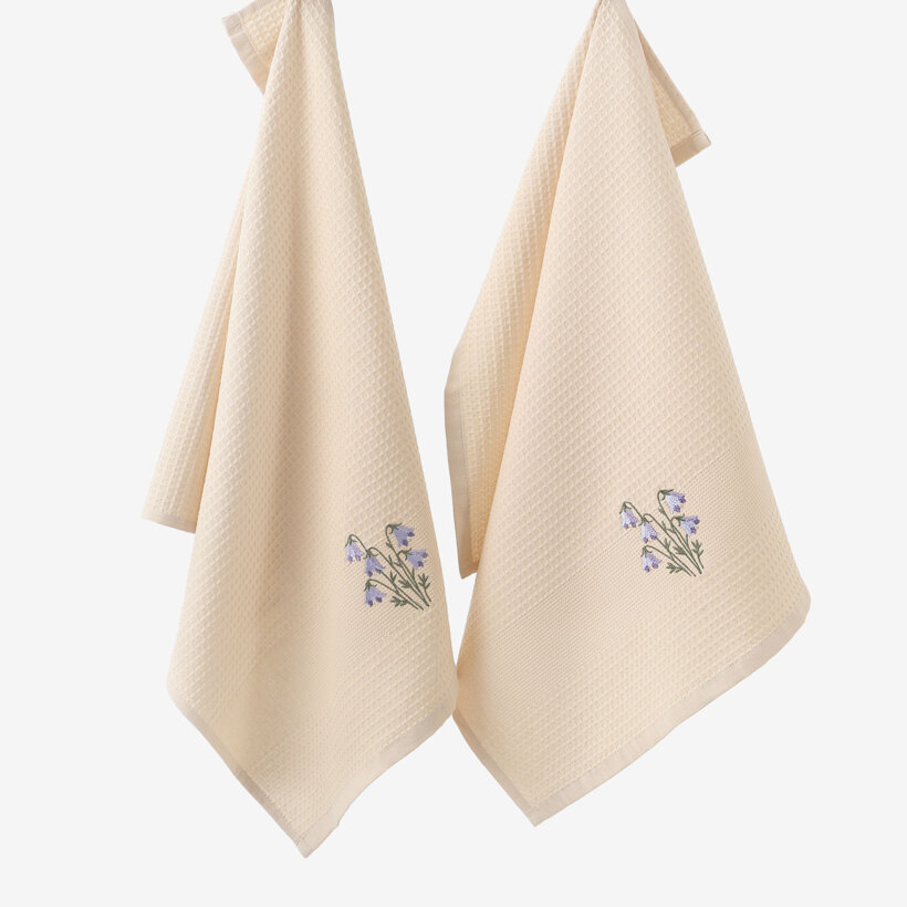 Waffel-Geschirrtuch mit Stickerei - Glockenblumen auf Beige