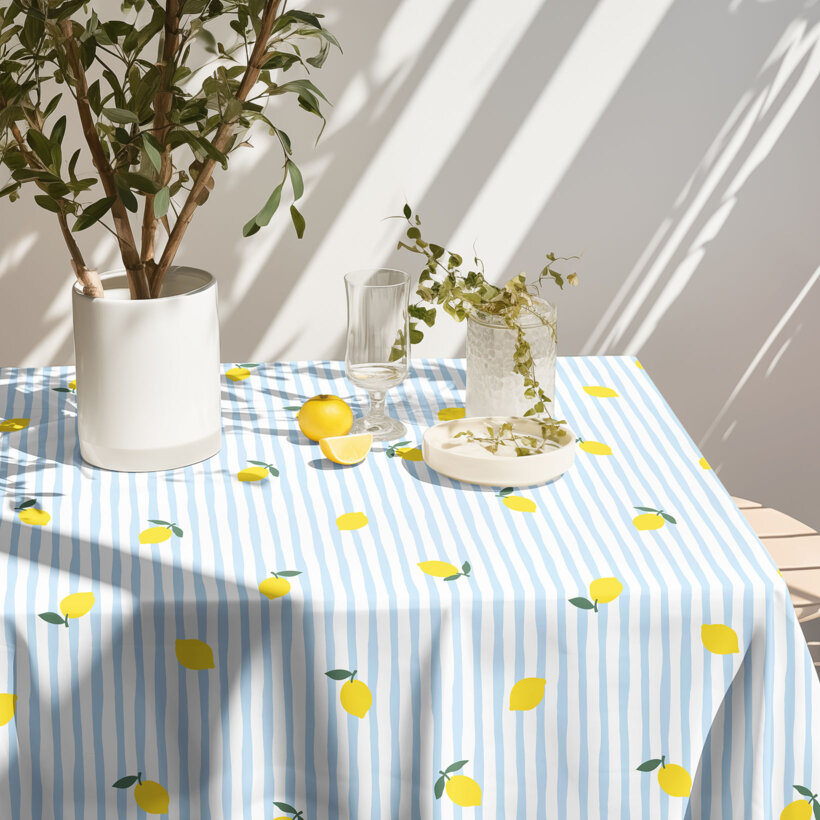 Eckige Tischdecke 100% Baumwolle - Frische Zitronen mit Streifen