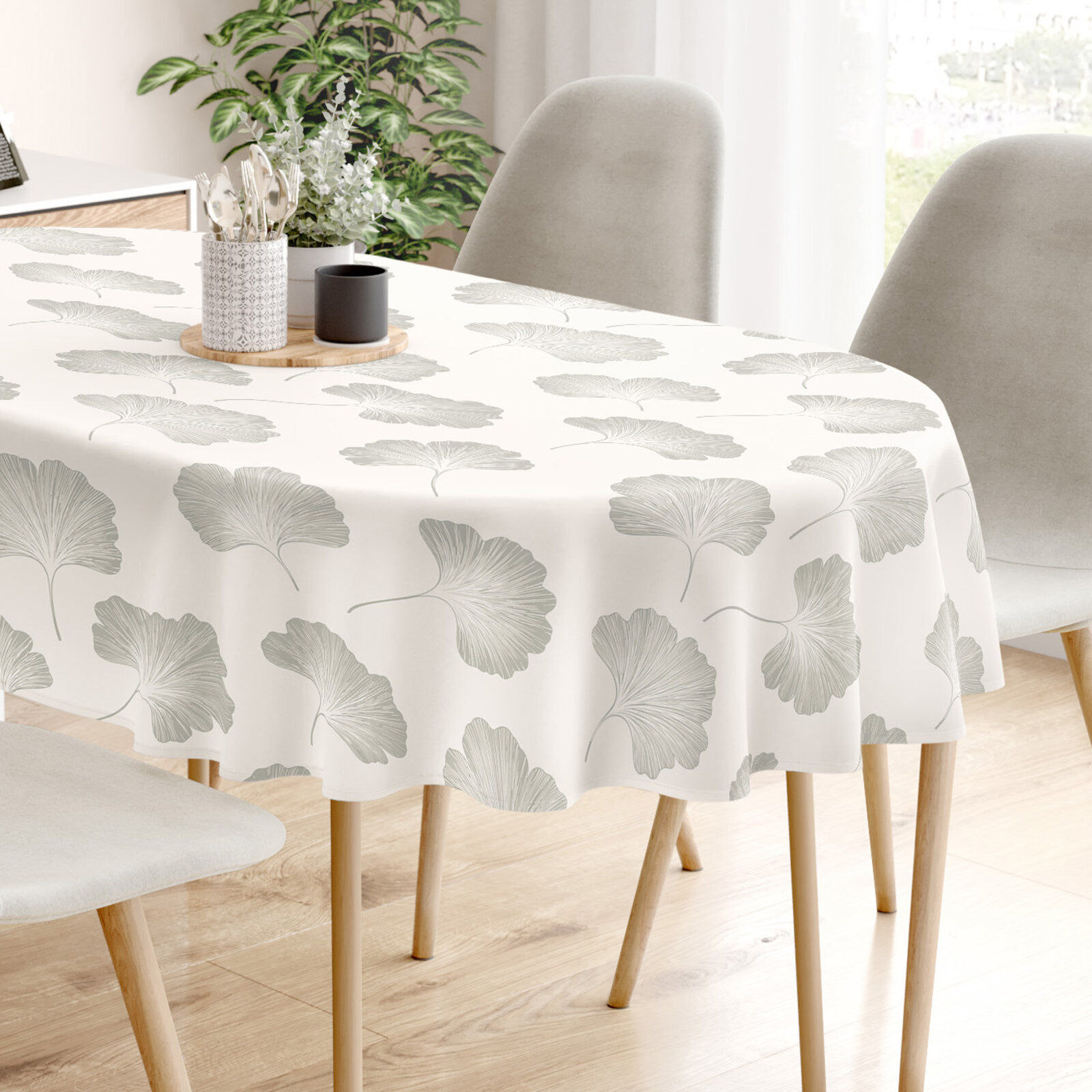 Ovale Tischdecke aus 100% Baumwolle - Ginkgoblätter