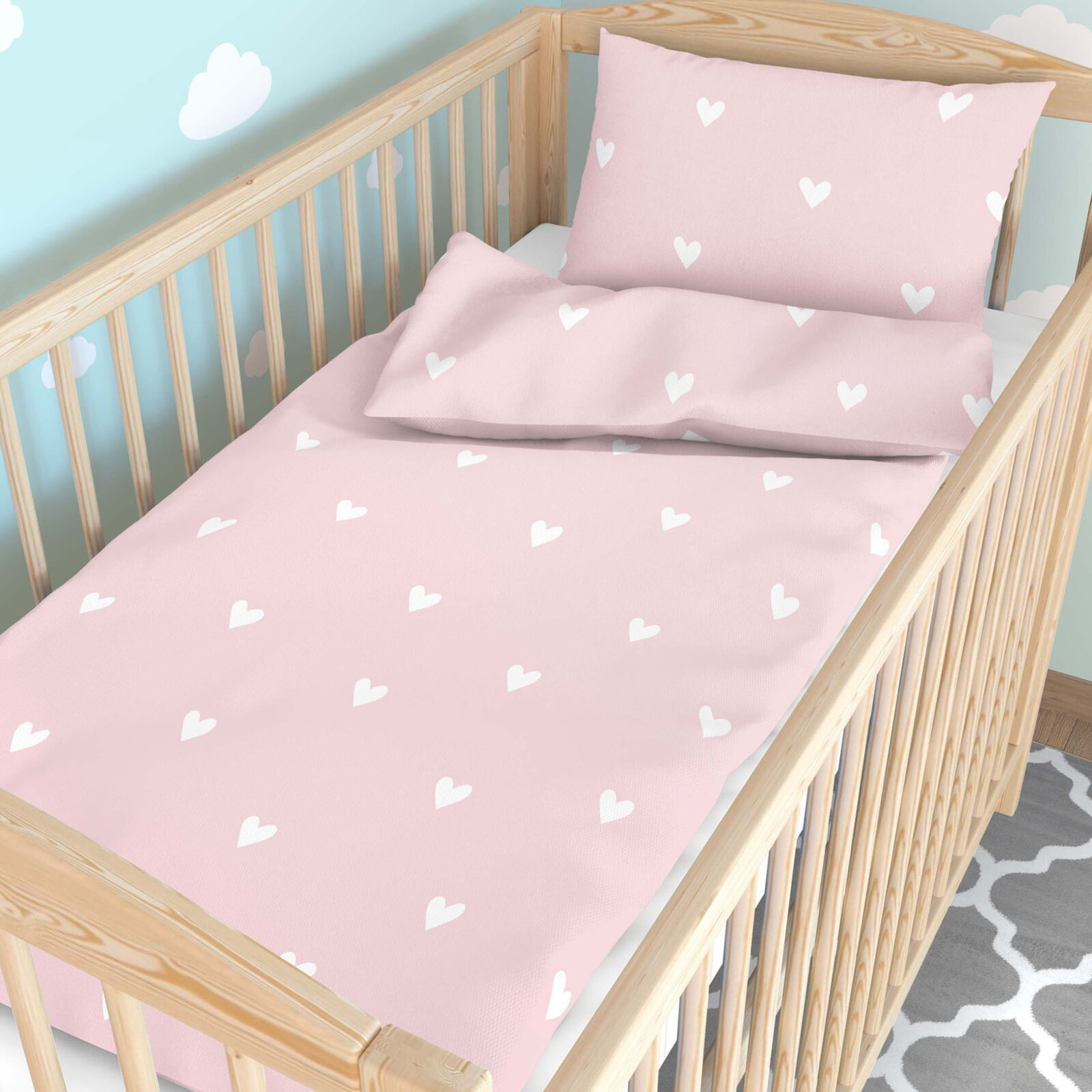 Bettwäsche für Babybetten aus Baumwolle - Herzchen auf Puderrosa