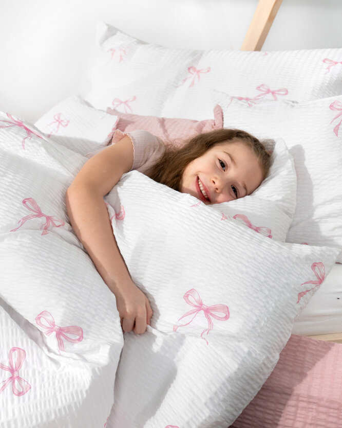 Kinder - Seersucker Bettwäsche - rosa Schleifen