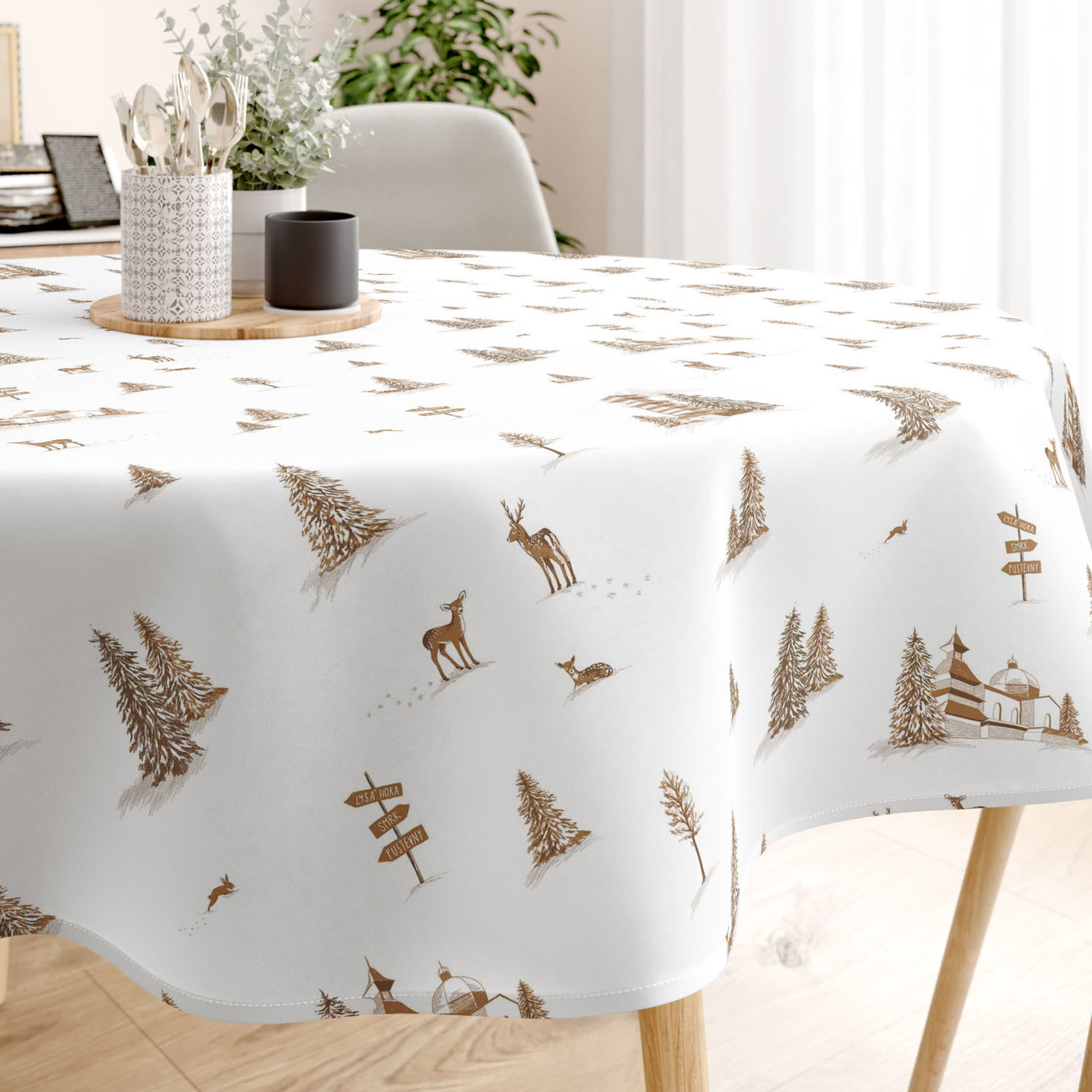 Weihnachtliche runde Tischdecke 100% Baumwollköper - Berge