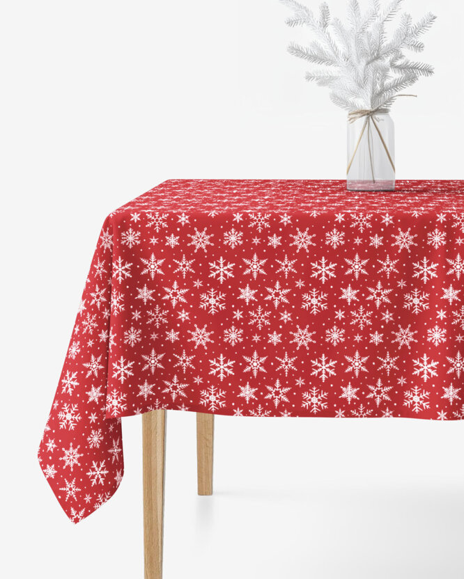 Weihnachtliche eckige Tischdecke Valencia - Weiße Flocken auf Rot