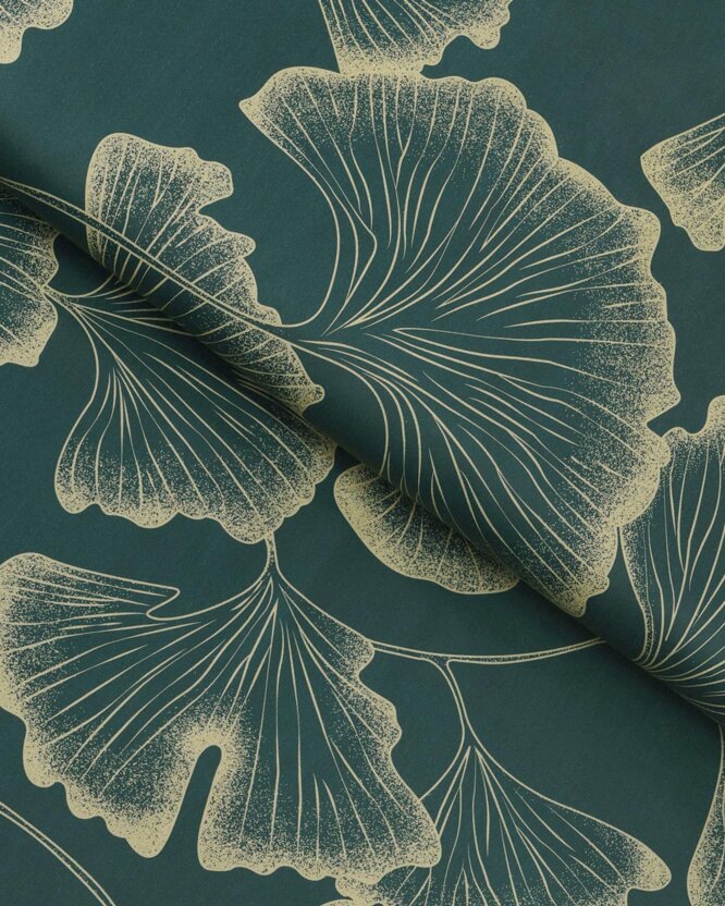 Mako-Satin - Ginkgoblätter auf Dunkelgrün