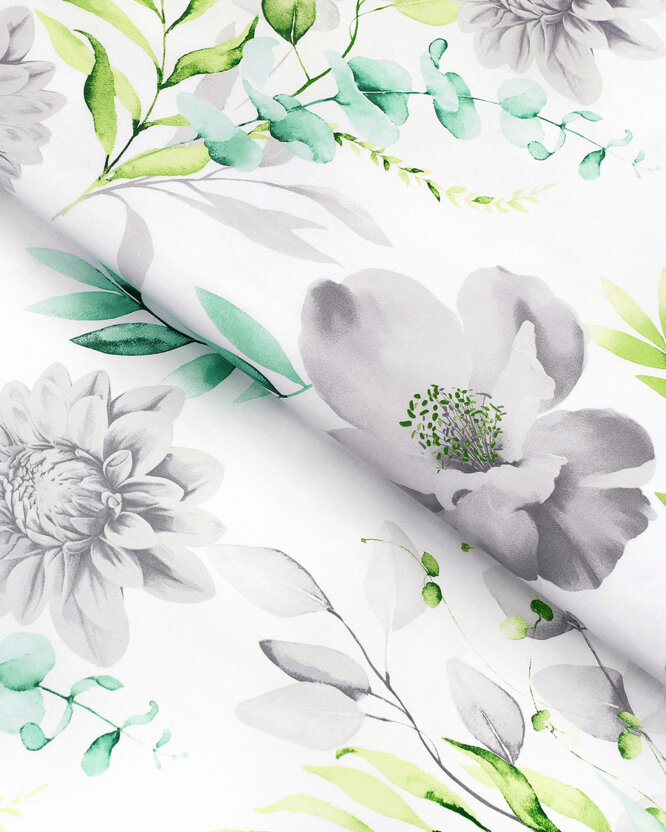 Baumwollstoff Deluxe - Eukalyptus mit Blumen