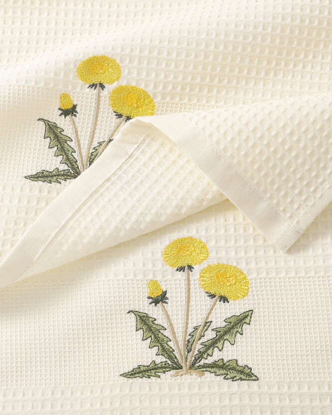 Waffel-Geschirrtuch mit Stickerei - Löwenzahn auf Creme