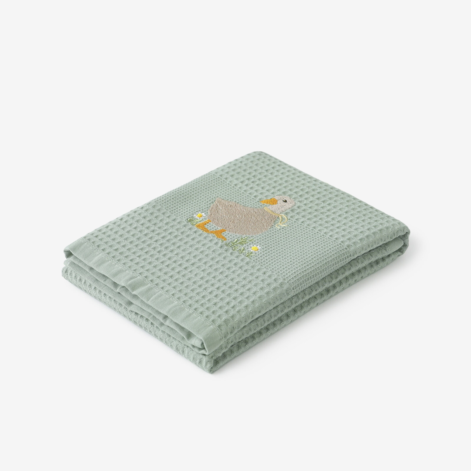 Ostern Waffel-Geschirrtuch mit Stickerei - Ente auf Salbeigrün