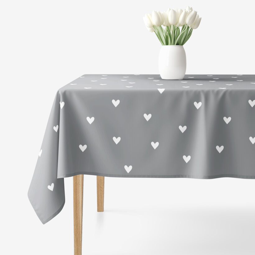 Eckige Tischdecke 100% Baumwolle - Herzchen auf Grau