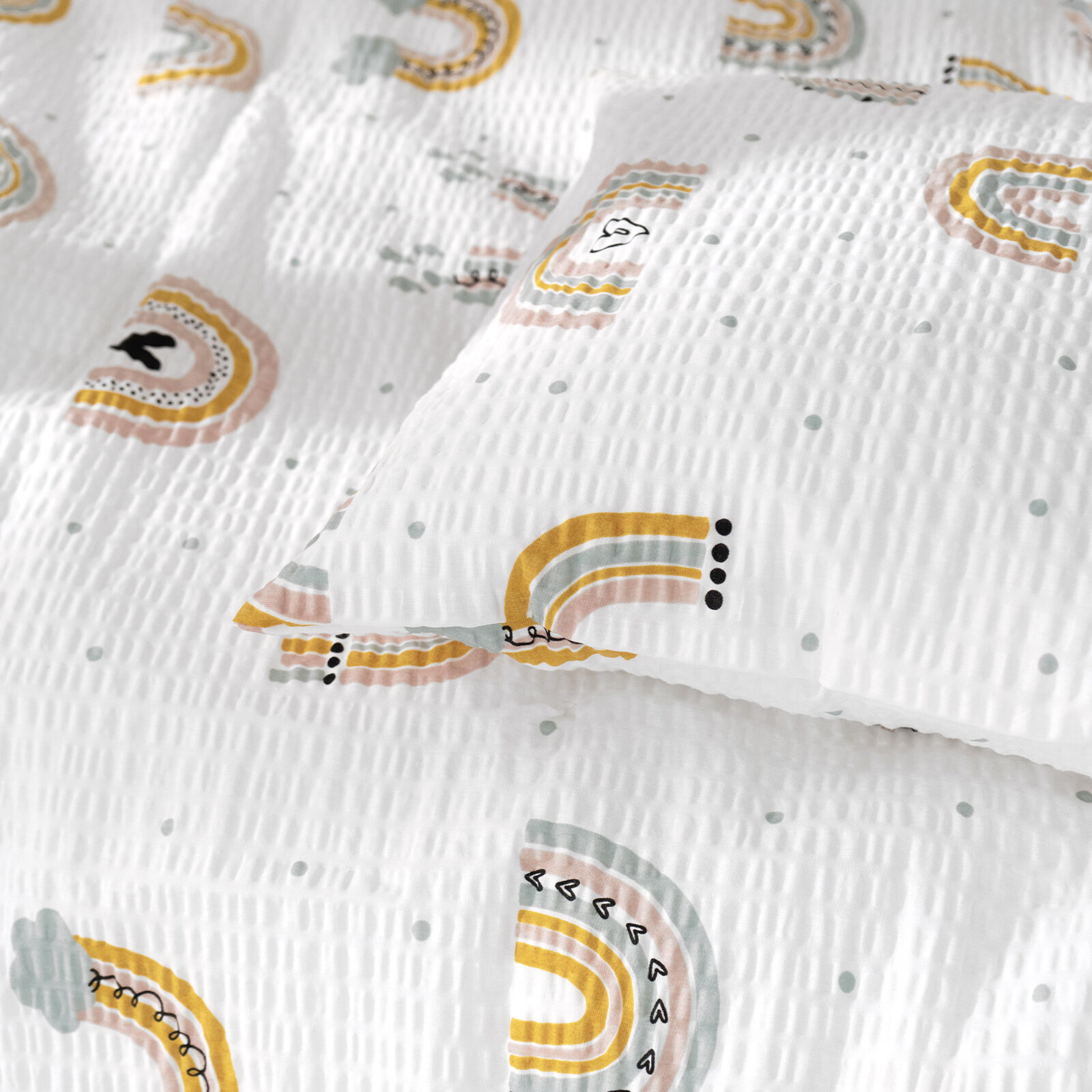 Kinder - Seersucker Bettwäsche - gemalte Regenbögen