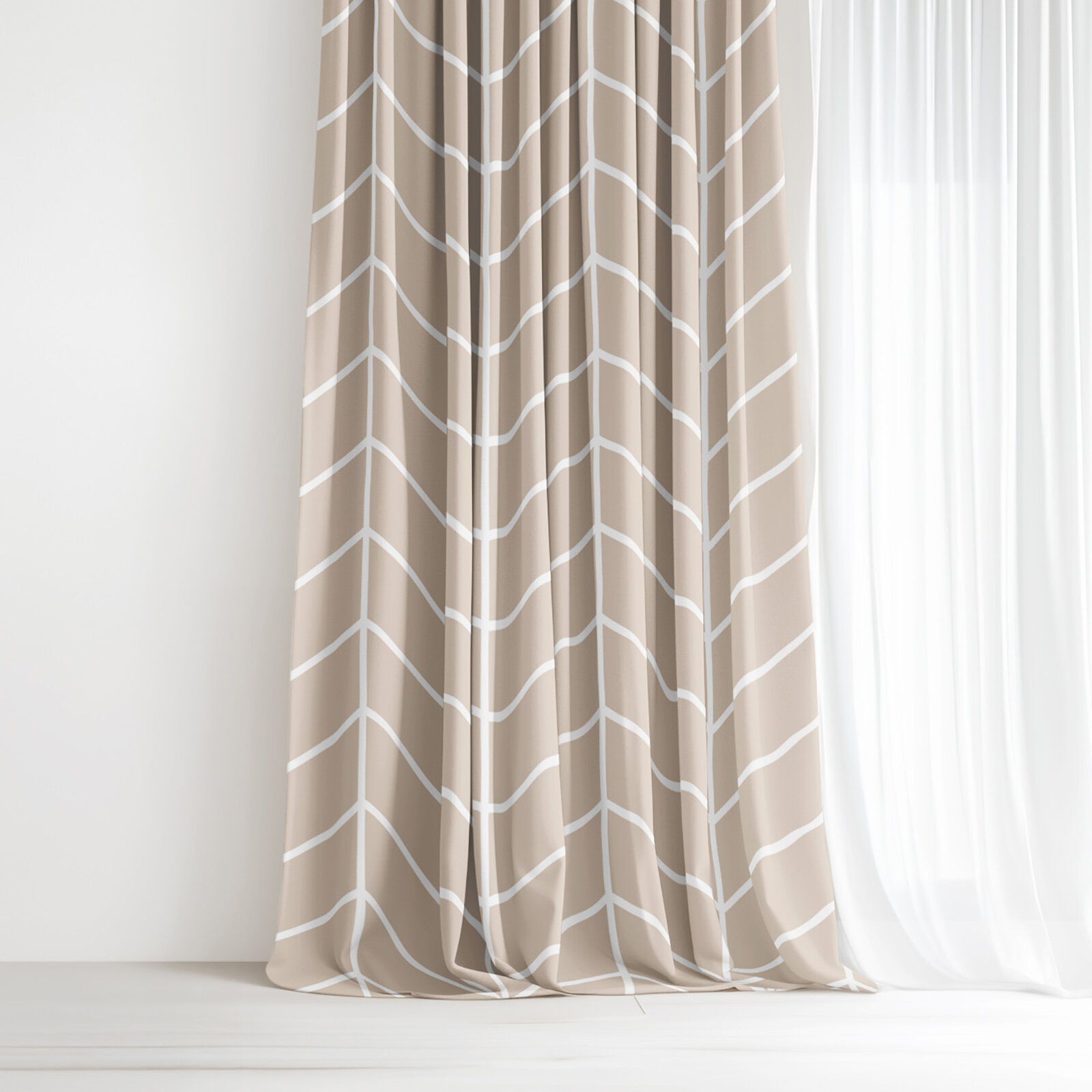 Vorhang aus Baumwolle - Weißer Zickzack auf Beige