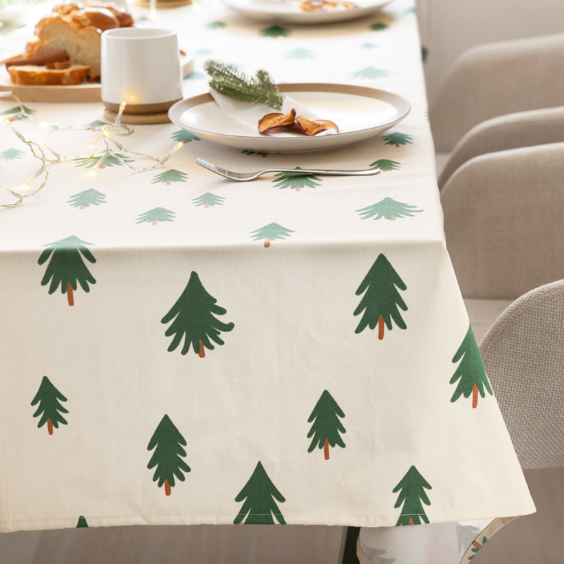 Weihnachtliche eckige Tischdecke 100% Baumwollköper - Bäumchen auf natur