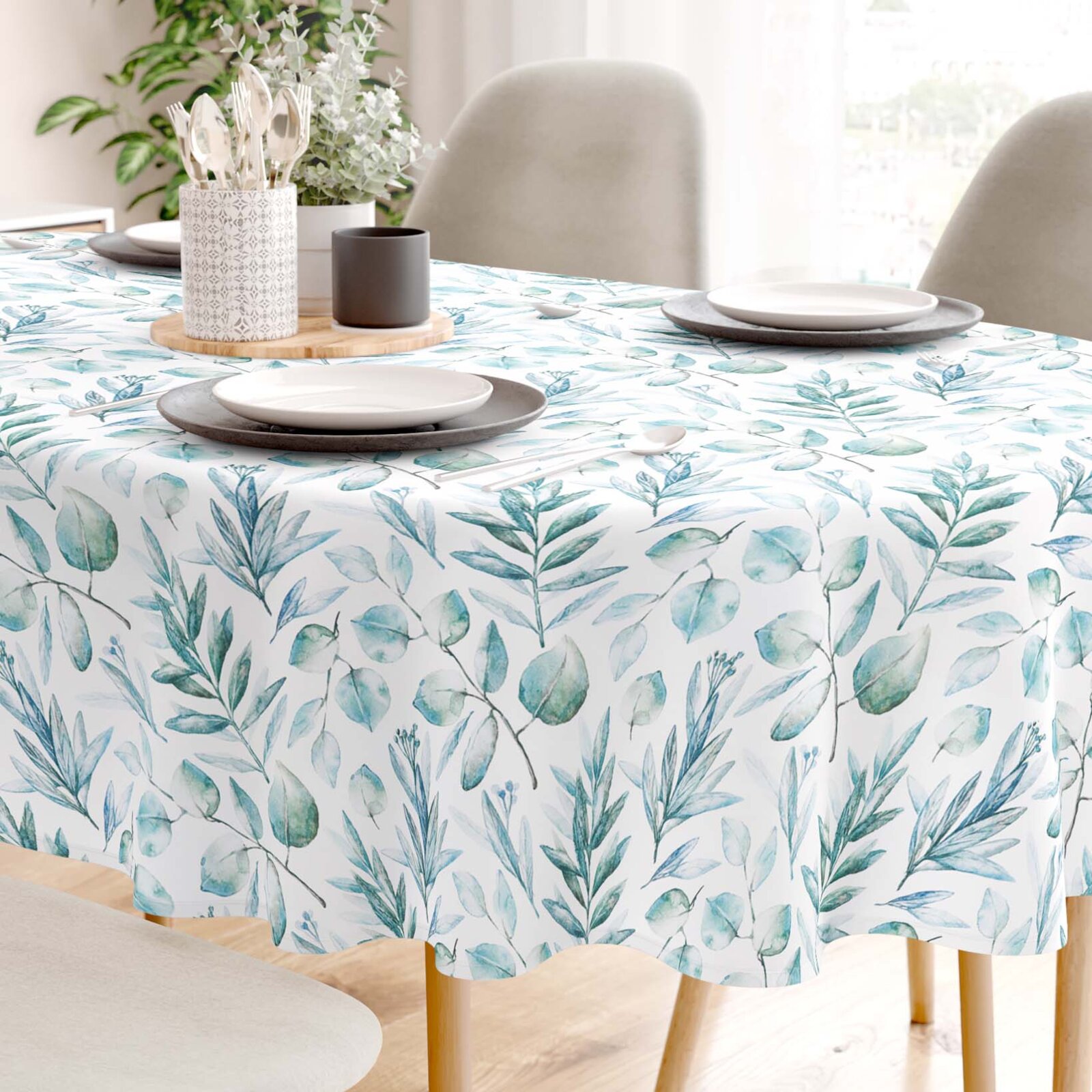 Ovale Tischdecke aus 100% Baumwolle Deluxe - aquarelle Blätter