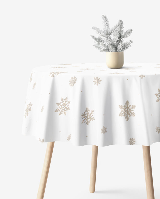 Runde Weihnachts-Tischdecke 100% Baumwolle - Schneeflocken auf Weiß