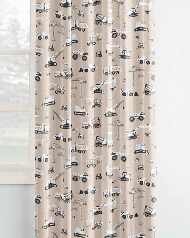 Vorhang aus Baumwolle Kindermotive - Lastwagen und Bagger auf Beige