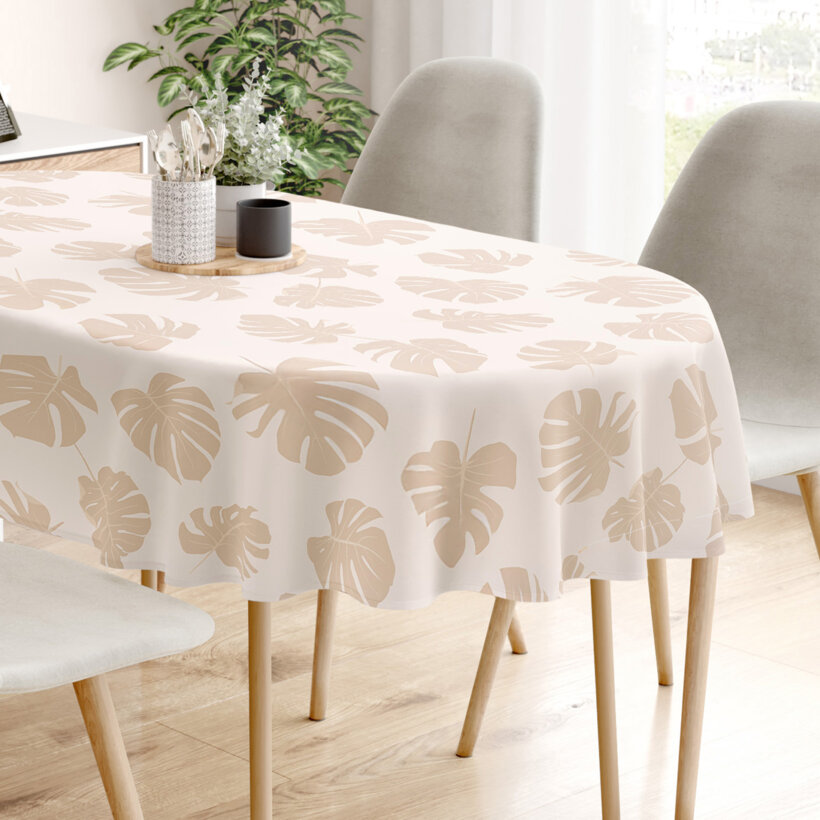 Ovale Tischdecke aus 100% Baumwolle - Tropische Blätter auf Beige