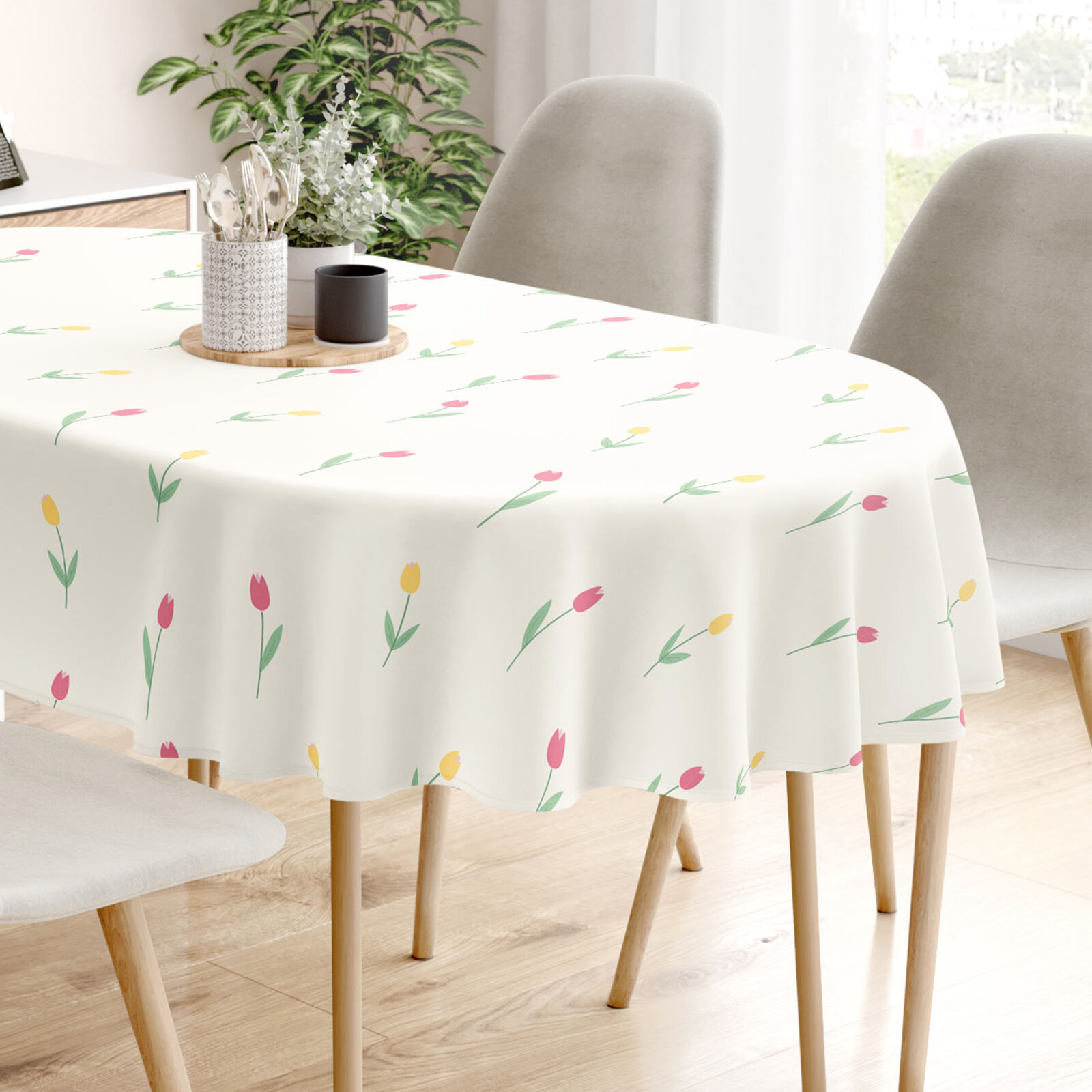 Ovale Tischdecke aus 100% Baumwolle - Tulpen