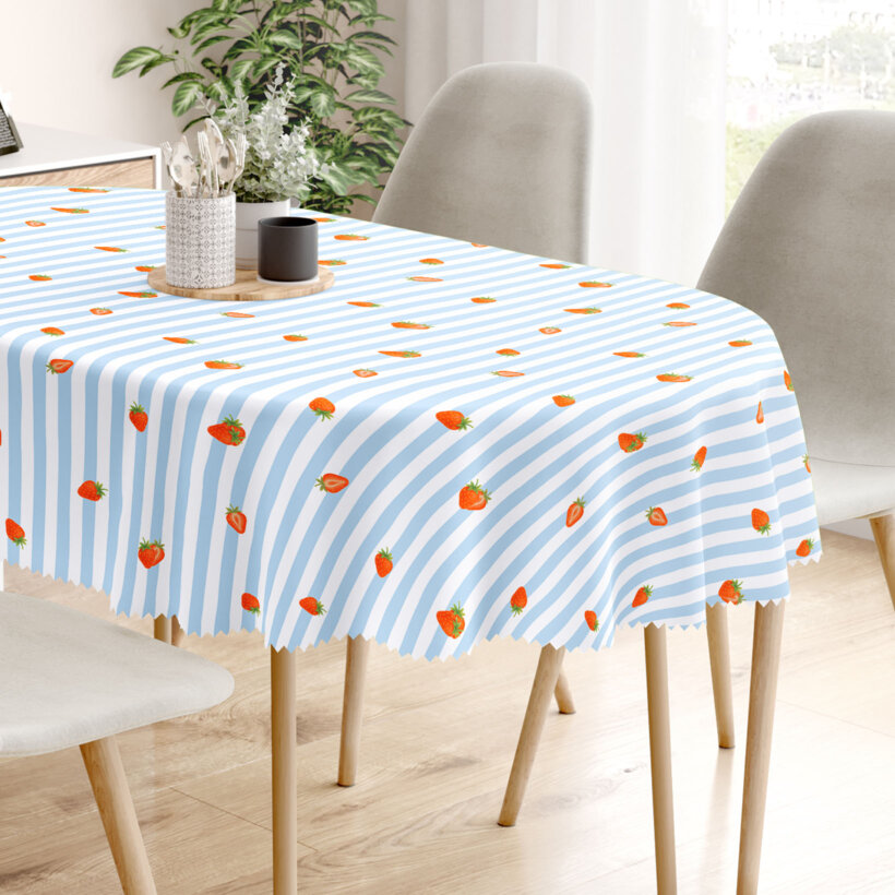 Ovale Tischdecke Teflon - blaue Streifen mit Erdbeeren