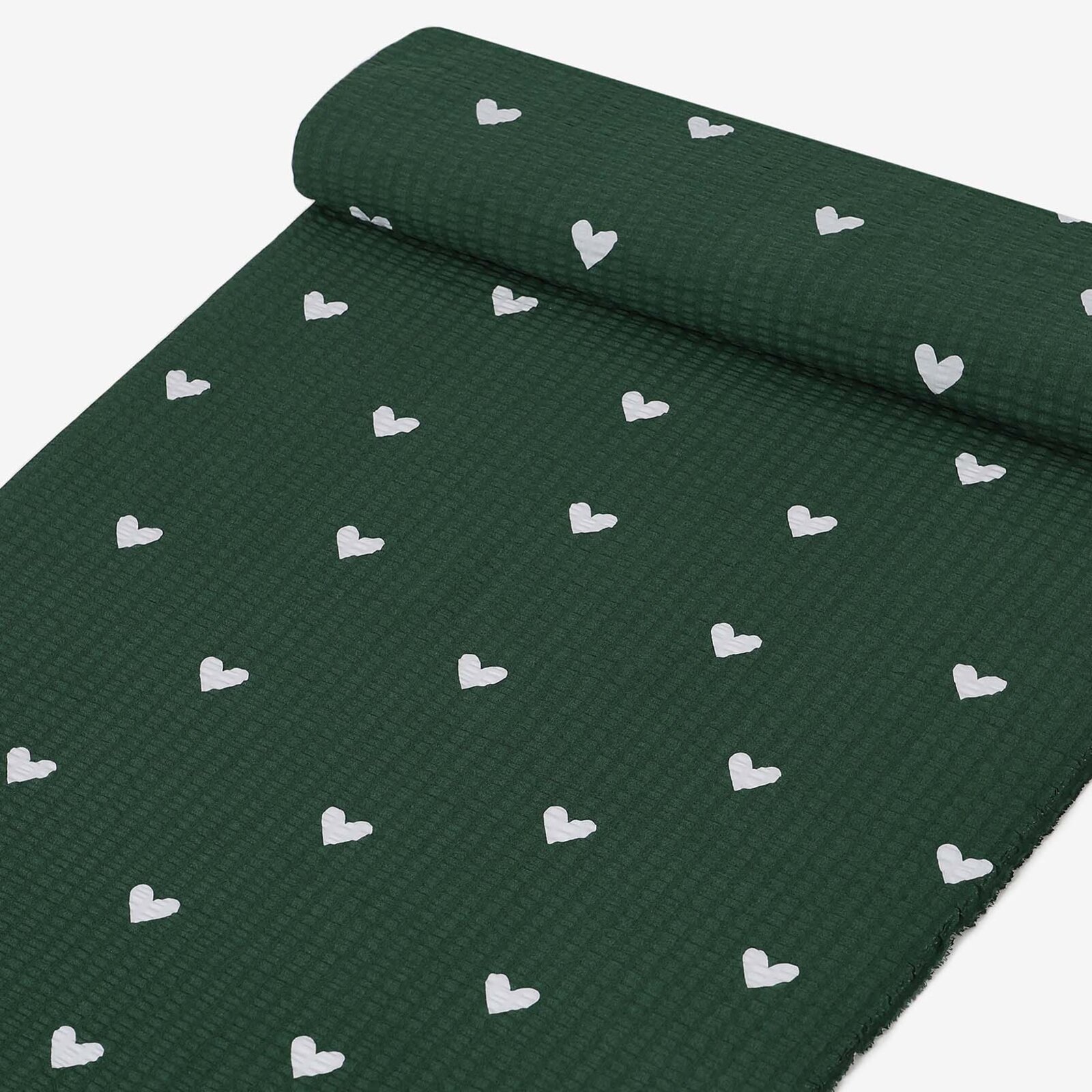 Weihnachtlicher Seersucker - Herzchen auf Dunkelgrün