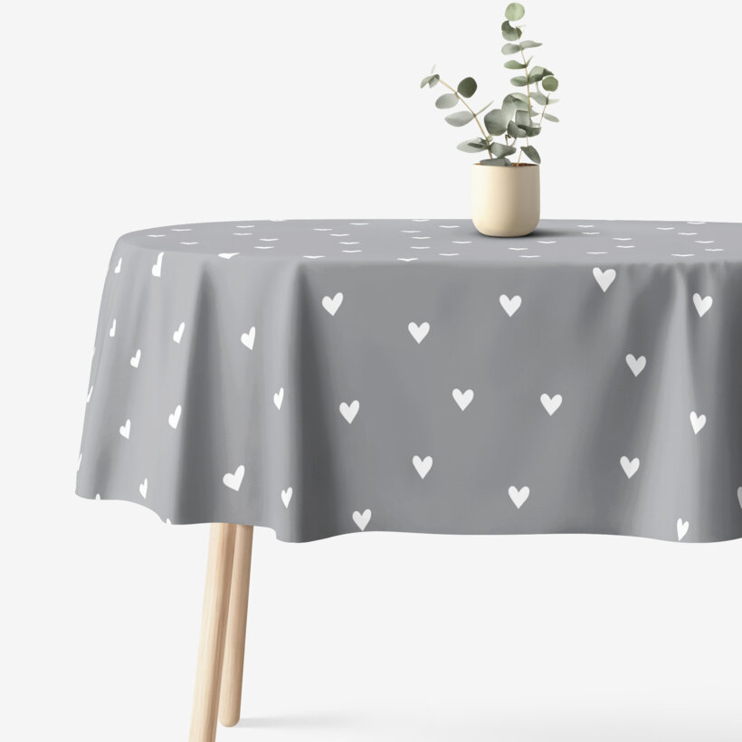 Ovale Tischdecke aus 100% Baumwolle - Herzchen auf Grau